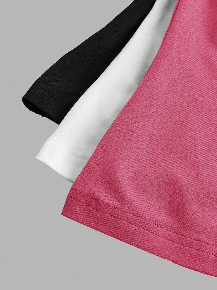 Comfortcana 3pcs/Set Women's Black, Rose Red, White Round Neck Casual Fitted Long Sleeve T-Shirt Set, Suitable For Summer - Multicolor - View 7
