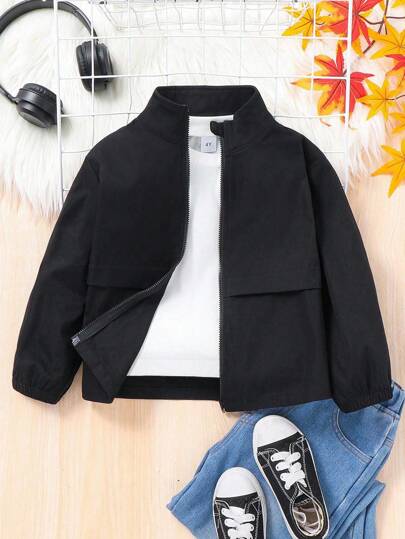 SHEIN 1 pièce Veste zippée noire décontractée et preppy tout-aller pour garçon préadolescent, manteau polyvalent à manches longues pour le trajet, l'école, le port quotidien, convient pour la rentrée scolaire, l'uniforme scolaire, la maternelle, les fêtes d'anniversaire, les soirées, les mariages, les baptêmes, convient pour l'automne/l'hiver