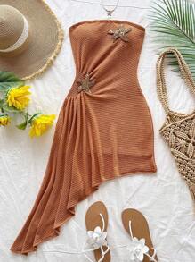 Soleia Vestido de vacaciones con decoración de estrella de mar y bajo asimétrico texturizado para mujer de talla grande en color marrón - Marrón - Ver 5