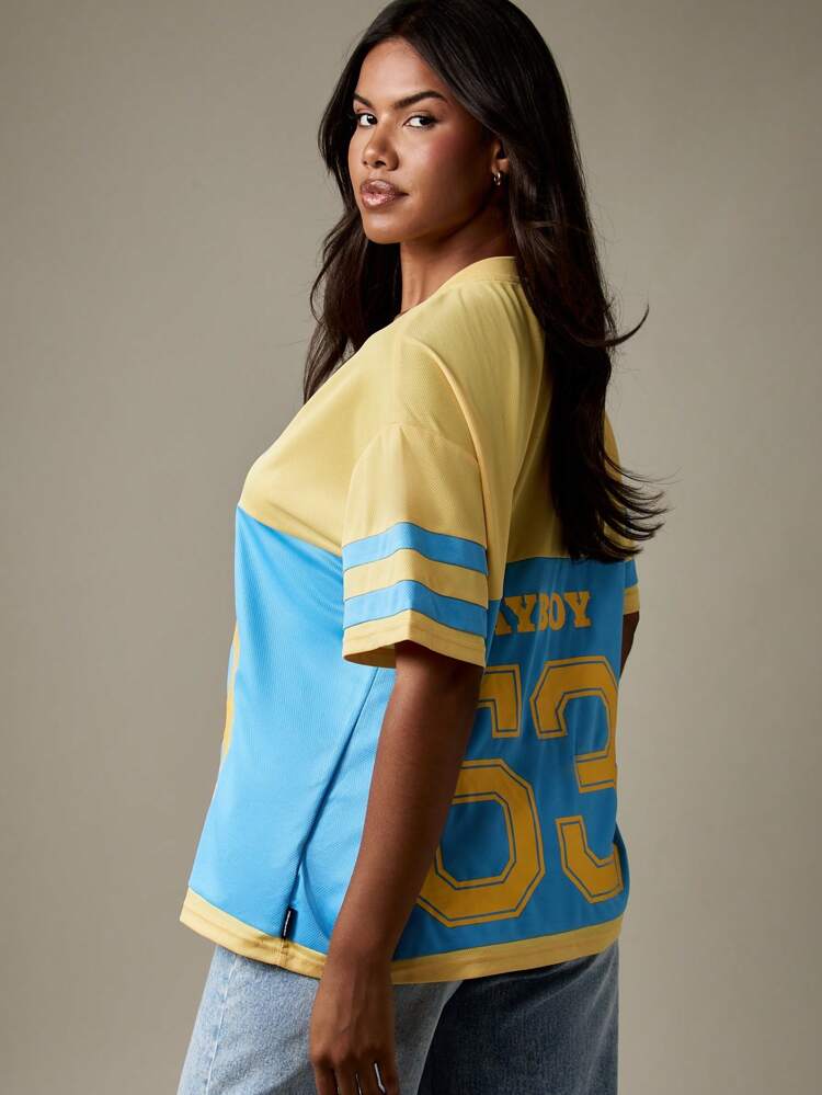 Missguided x Playboy Retro Varsity Football Jersey Style V Neck T Shirt Ladies Oversize College Team Graphic Tee Casual Streetwear Spring Summer Top