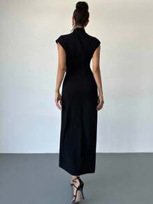 Firerie 全新复古别致中国风黑色金属扣装饰腰部褶饰立领短袖中长波西米亚连衣裙 - 黑色 - 查看 2