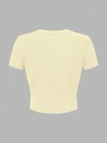 Sparklyn 青少年女孩花卉印花短款修身圆领 T 恤，夏季休闲舒适 - 黃色 - 查看 2