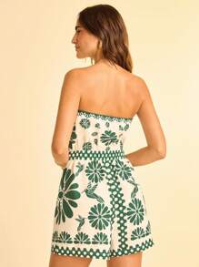 CAJUNI 女士度假风花卉印花抹胸腰系带无袖连体裤，绿色，适合暑假、约会、派对、海滩 - 彩色 - 查看 2