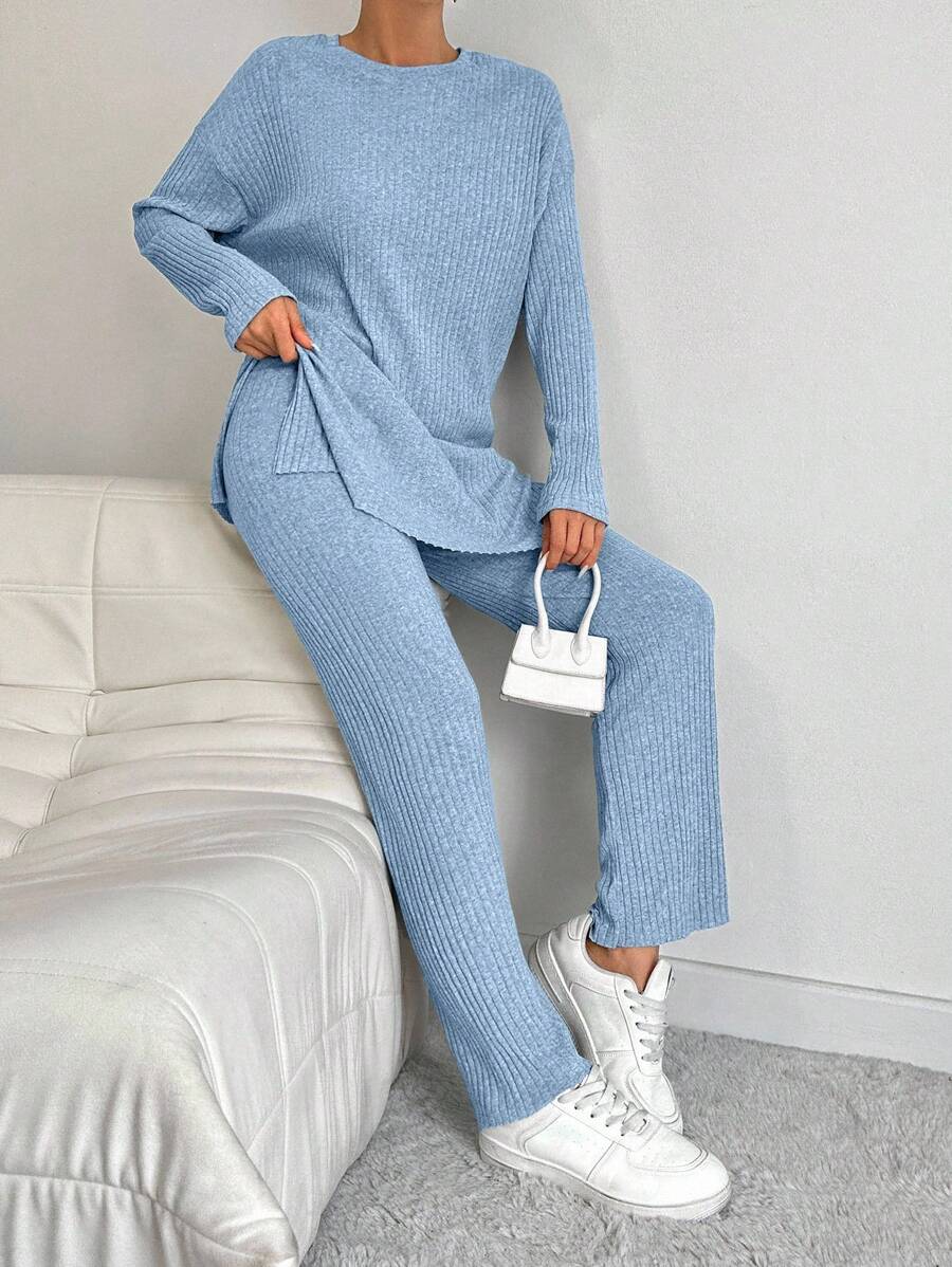 EURMUSE 100%Cotton Drop Shoulder Split Hem Tee & Pants - Baby Blue - View 1