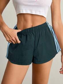 SHEIN Tall 女士侧条纹松紧腰休闲宽松短裤夏季女士短裤 - 藍色 - 查看 4