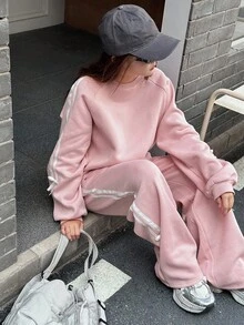 DAZY 少女羊毛衫套装，休闲宽松拼色设计，秋季 - 粉色 - 查看 3