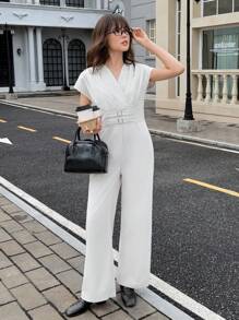 青少年/年轻女士夏季柔软V领收腰阔腿连体裤 - 杏色 - 查看 1