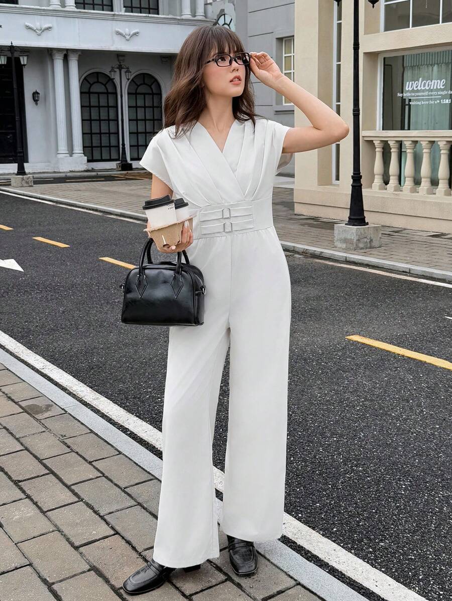 青少年/年轻女士夏季柔软V领收腰阔腿连体裤 - 杏色 - 查看 1