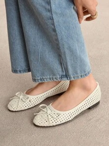 Rosivie Women Shoes Women's Flat Shoes Round Toe Silver Bow French Mary Jane Breathable Woven Hollow Buckle Strap Retro Casual Outdoor Shoes - Apricot - View 10