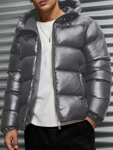 SHEIN Cottnline Men High Collar 2 Zipper Shiny Fabric Regular Padded Coat - Grey - View 6