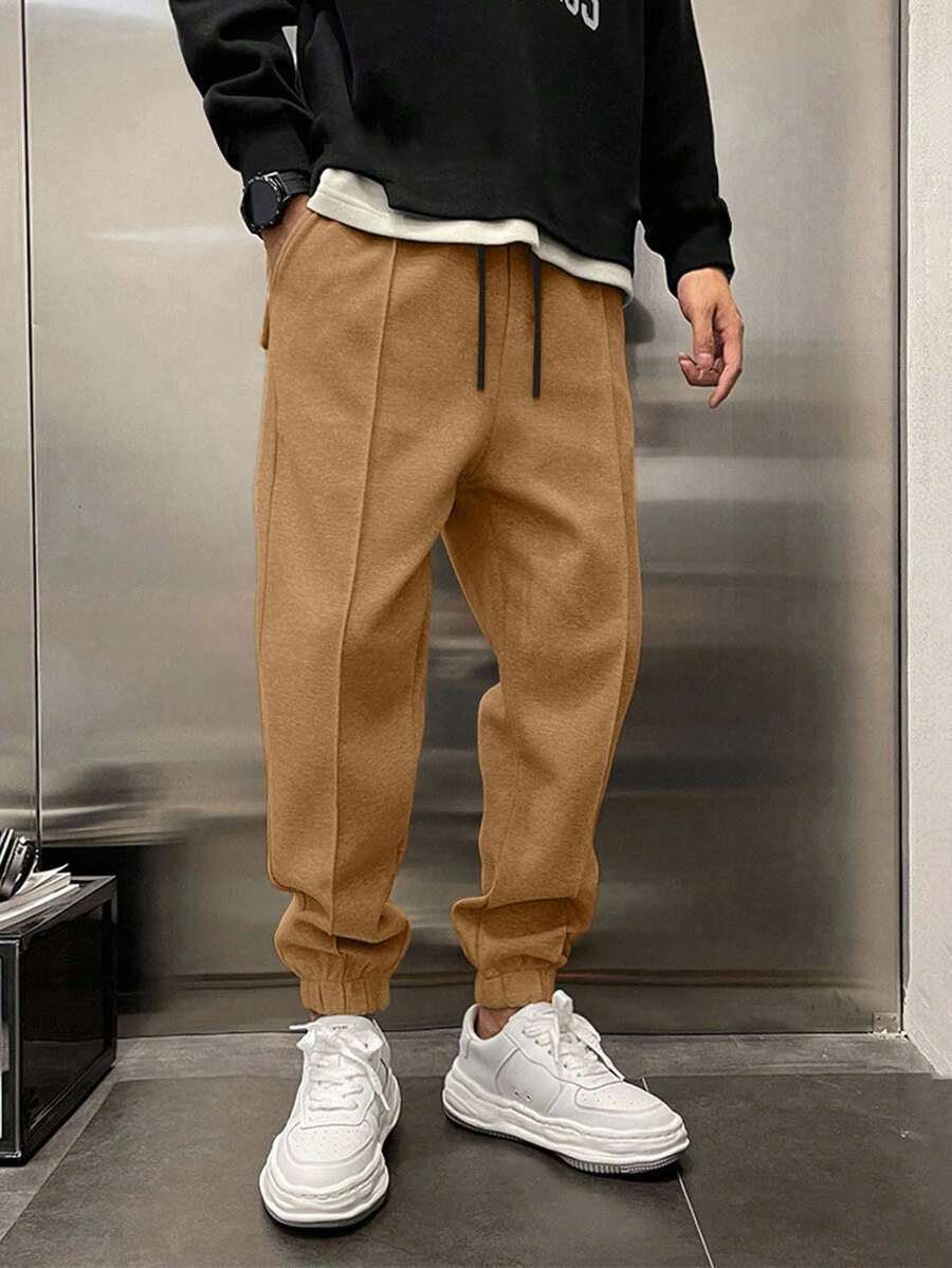 Cottnline Cotton Men's Solid Color Drawstring Waistband Sweatpants With Pockets And Elastic Cuffs - Camel - View 1