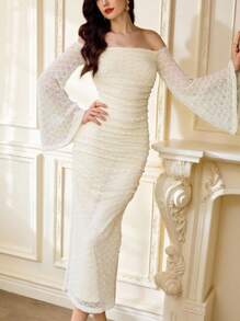 Vintamour Đầm trễ vai phối ren hoa dệt kim jacquard cổ điển thanh lịch cho nữ, trang phục dự tiệc thường ngày, trang phục mùa hè cho nữ, trang phục đi nghỉ, váy trắng cho nữ, váy mùa hè cho nữ, váy trắng cho nữ, váy dạ hội, váy sinh nhật cho nữ, váy dự tiệc cưới, váy phục sinh cho nữ, váy mùa xuân cho nữ, quần áo mùa hè, trang phục mùa xuân cho nữ, váy phục sinh cho nữ, trang phục sinh nhật cho nữ, váy cưới, kỳ nghỉ xuân - Màu be - Xem 3