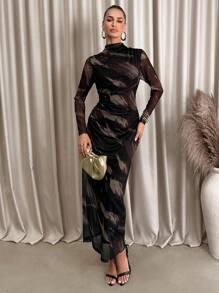 Lavishia Black & Coffee Abstract Print Long Sleeve Fitted Dress For Women Turtle Neck Long Sleeve