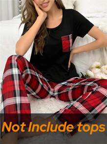 SHEIN Lässige rote karierte gestrickte Pyjamahose für Damen, weiche langärmelige bequeme rote karierte Pyjamahose, Herbst, Winter - Rot - Übersicht 3