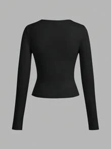 SHEIN EZwear 女款三件套黑灰色花卉印花紧身宽松领长袖T恤套装 - 彩色 - 查看 3