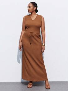 Maija Plus Size Chocolate Brown 2 Pieces Set,Sleeveless Top & Drawstring Waist Skirt,Summer Holiday Smart Casual,Modest Vintage Old Money Teacher Outfits - Rust Brown - View 1