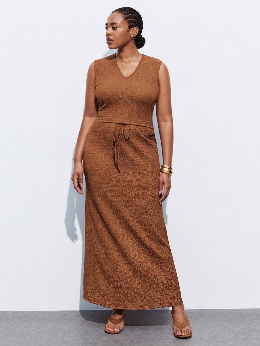 Maija Plus Size Chocolate Brown 2 Pieces Set,Sleeveless Top & Drawstring Waist Skirt,Summer Holiday Smart Casual,Modest Vintage Old Money Teacher Outfits - Rust Brown - View 1