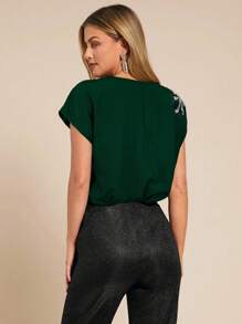 Amorya 夏季优雅女士黑色胸前钉珠贴花插肩短袖衬衫，适合各种场合 - 墨綠色 - 查看 2