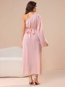 Modelyn Women's Long Asymmetrical Neck Dress With 3D Floral Decor - Pink - View 5