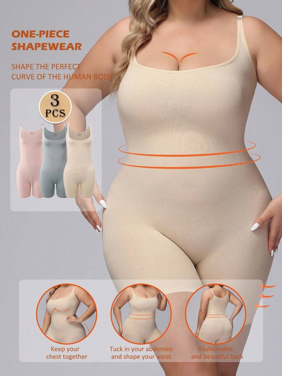 Wedaily 3pcs Women Plus Size Seamless Casual Comfortable Chest Support Waist & Leg Shaping Bodysuit - Multicolor - View 1