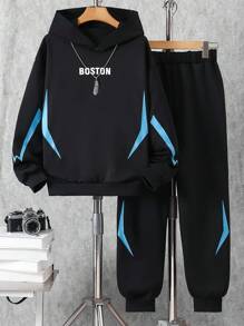 2pcs/Set Teen Outdoor Casual Sports BOSTON Letter & Lightning Graphic Hoodie Sweatshirt + Sweatpants Set, Autumn/Winter Fall