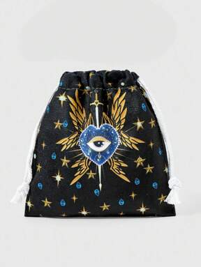 Grunge Punk 1pc Fashionable Embroidered Heart, Eye And Wing Pattern Drawstring Cosmetic Bag, Large Capacity Coin Purse