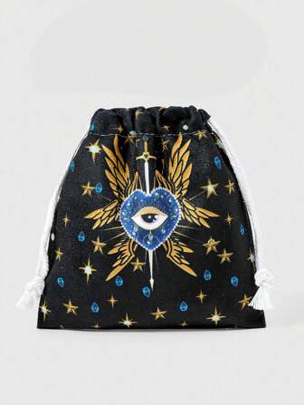 Grunge Punk 1pc Fashionable Embroidered Heart, Eye And Wing Pattern Drawstring Cosmetic Bag, Large Capacity Coin Purse