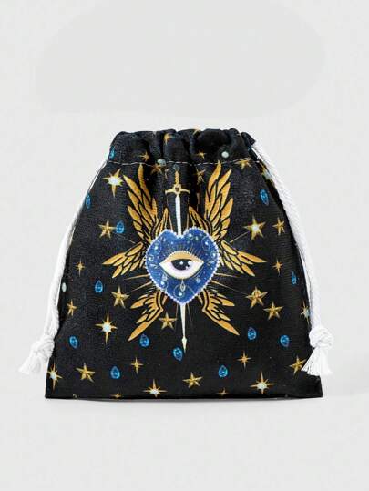Grunge Punk 1 pieza Bolsa de cosméticos con cordón con patrón bordado de corazón, ojo y alas, monedero de gran capacidad