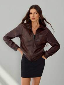 SHEIN Tall 女士纯色拉链休闲百搭长袖夹克，棕色仿皮斑驳纹理夹克，复古冬季夹克 - 咖啡棕 - 查看 7