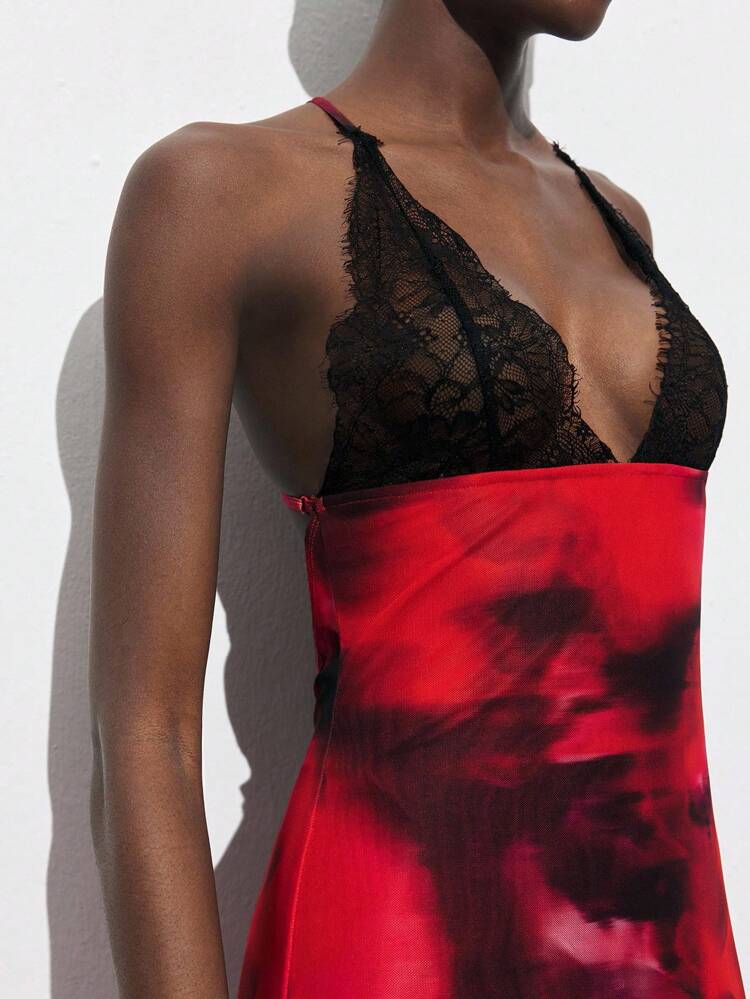 SHEIN Maija Asymmetrical Pattern Backless Printed Lace Patchwork Bodycon Mermaid Hem Spaghetti Strap Summer Women Dress, Sexy & Figure Flattering, Holiday