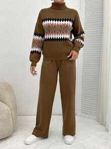 EURMUSE Women's Geometric Pattern High Neck Sweater 2pcs/Set,Petite Co Ord,Co Ord,Petite,Winter Clothes - Camel - View 4
