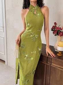 EastFlair 女士花卉亮片装饰纽扣设计修身优雅中长连衣裙 - 綠色 - 查看 3