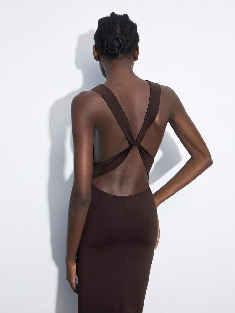 SHEIN Maija Women's Black Criss-Cross Backless Design Front Pleated Dress, Urban Elegant & Fashionable Style, Versatile Soft & Comfortable Fitted Sleeveless Midi Dress, Old Money Style, Dignified Feminine, Suitable For Concerts, Vacations,Autumn Clothes For Women, Christmas Women's Clothing