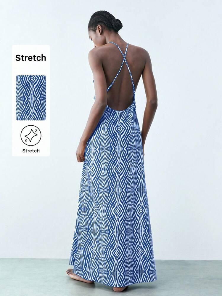 SHEIN Maija 女性デジタル幾何学プリントVネックタイ付きマキシワンピース、春夏の都会的なパーティーに最適、スリミングウエストデザイン、マルチカラープリントのホリデーボヘミアンスタイルのラップドレス