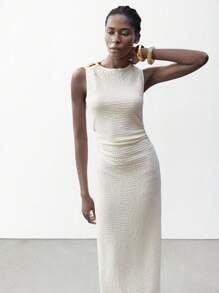 Maija 女士米色褶皱肩部金属装饰纽扣连衣裙，现代都市时尚修身圆领无袖不对称褶皱腰中长连衣裙，优雅女士办公室休闲装 - 杏色 - 查看 7