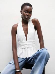 Lumivelle 新款夏季时尚露背装饰层叠无袖休闲上衣，优雅迷人的度假风V领露背修身上衣，层叠下摆装饰V领露背短款衬衫，白色露背吊带衫，白色荷叶边露背上衣，全白大学服装 - 白色 - 查看 7