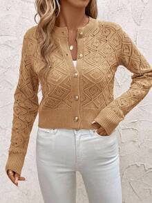 SHEIN Clasi 秋冬休闲纯色心形镂空针织短款开衫 - 駝色 - 查看 5