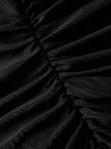 SHEIN MOD 女士黑色网纱修身喇叭袖上衣，黑色网纱喇叭袖上衣，秋季，万圣节服装，工作，波西米亚风，教师，褶皱上衣，长袖上衣 - 黑色 - 查看 4