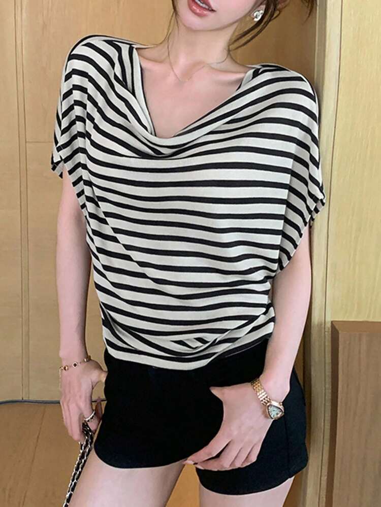 Striped Oblique Neck Short Sleeve Loose Casual T-Shirt, Flattering