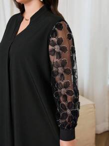 SHEIN Najma Women Stand Collar Lantern Sleeve Blouse, Loose Fit Luxury Embroidery Sequins Beading Patchwork Elegant Dress, Plus Size, Arabic Style