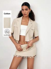 Maija 2025 Summer New Women's Short Sleeve Blazer Jacket, Elegant Vacation Music Festival Mother's Day Modern Office Casual Beach Resort Bohemian Beaded Hem Design - Khaki - View 1