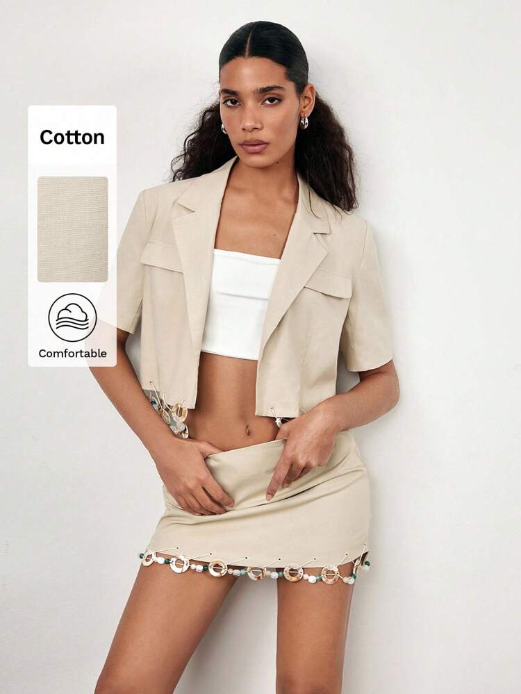 SHEIN Maija 2025 Summer New Women's Short Sleeve Blazer Jacket, Elegant Vacation Music Festival Mother's Day Modern Office Casual Beach Resort Bohemian Beaded Hem Design