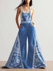 Bohemela Pantalon salopette en jean style patchwork imprimé, style bohème décontracté pour les vacances, pour femmes