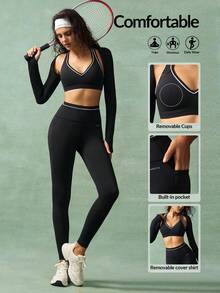 VARSIVA 女式露背挂脖长袖上衣和运动紧身裤套装 - 黑色 - 查看 10