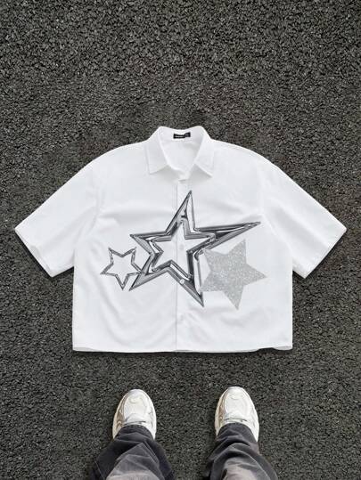 Manfinity ZONE917 男士时尚金属星形图案宽松短袖衬衫