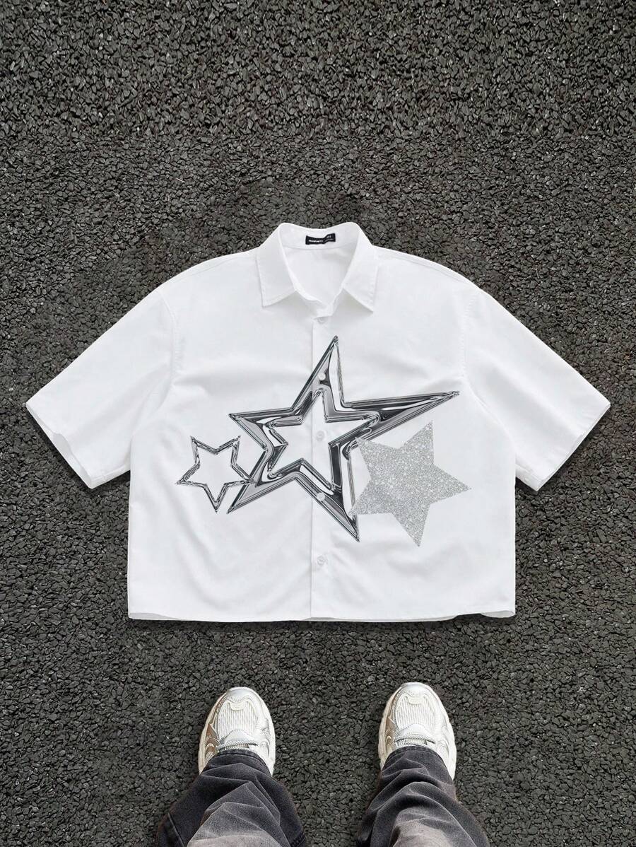 Manfinity ZONE917 男士时尚金属星形图案宽松短袖衬衫 - 白色 - 查看 1