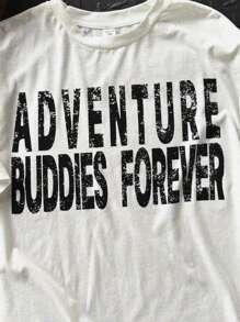 SHEIN Teens/Youth Casual Street Style Graphic Text Print Solid Color Comfortable Basic Crew Neck Short Sleeve T-Shirt, Suitable For Commuting, School, Leisure, Travel, Sports, Spring/Summer