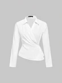 SHEIN MOD Women Plus Size White Long Sleeve Shirt,Elegant Formal Autumn Fitted Ruched Waist Top,Oblique Placket Work Office Blouse,Old Money Style Streetwear - White - View 2