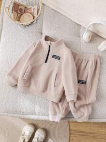 Baby Boy/Girl 2pcs/Set Casual Cute & Fun Sports Streetwear College All-Match Style Versatile Simple Comfortable Fashion Children Set, Fleece Thickened Suitable For Autumn/Winter, Fit For Birthday Party, Baptism, 1st Birthday Celebration, Gala, Performance, Wedding And Other Occasions Baby Boy Tan Outfit Baby Boy Sweatsuit Toddler Two Piece Set Boy Baby Boy Track Suit Toddler Suit Fall - Khaki - View 3