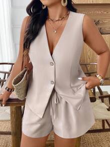 Weeklong 2pcs/Set Plus Size Women's Summer Solid Color Single-Breasted Vest And Shorts - Apricot - View 4